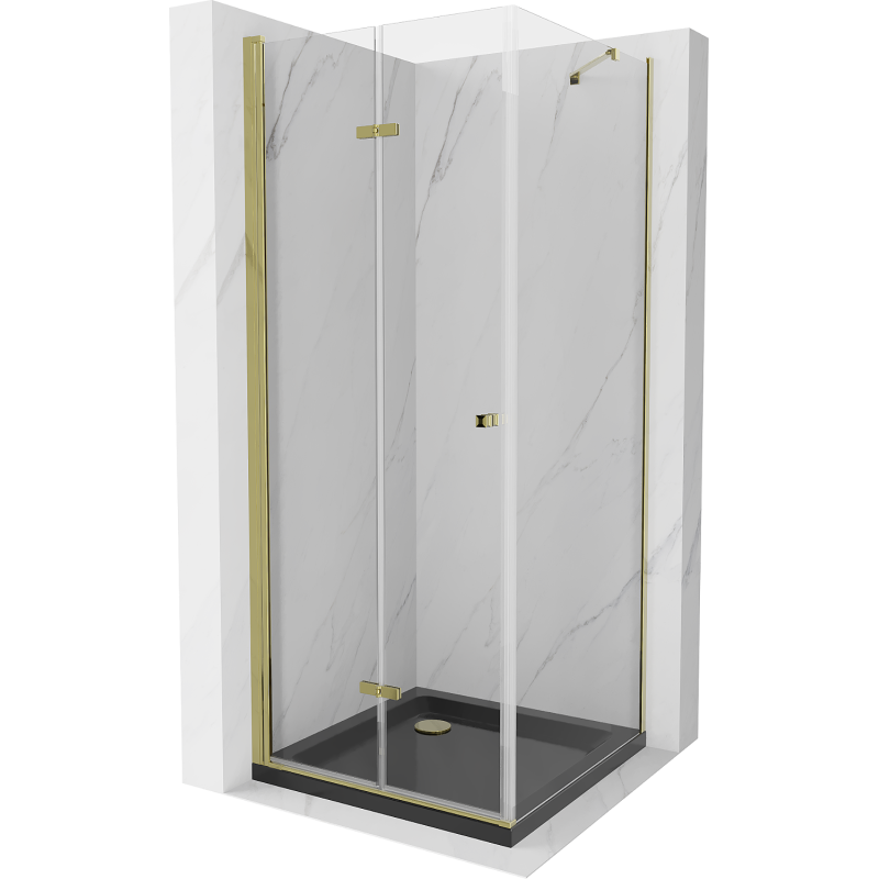 Mexen Lima faltbare Duschkabine 80 x 80 cm, transparent, gold + flache Duschwanne, schwarz - 856-080-080-50-00-4070G