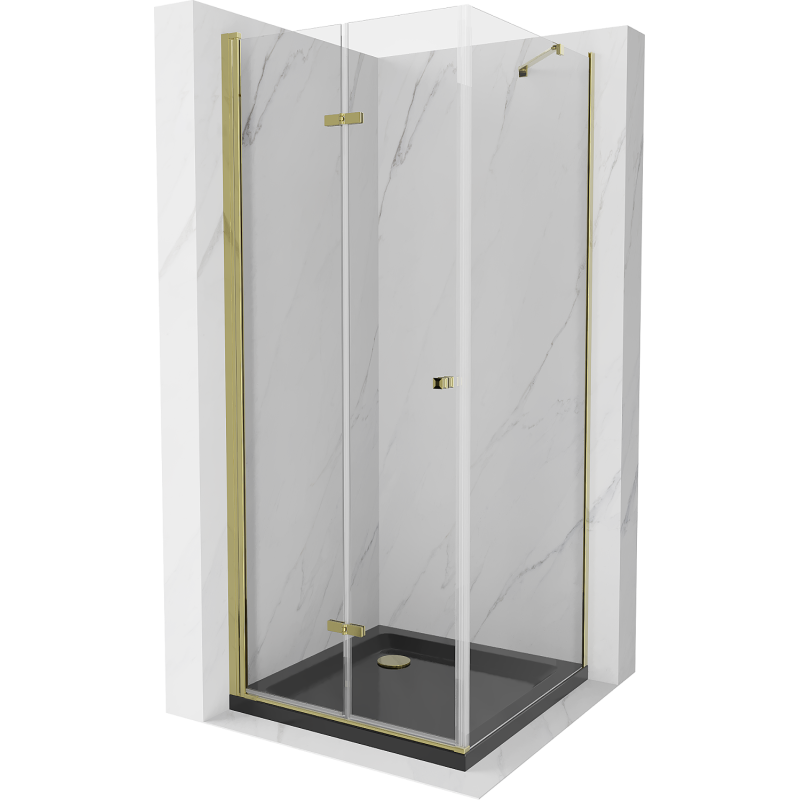 Mexen Lima cabine de douche pliante 90 x 90 cm, transparente, dorée + receveur de douche Flat, noir - 856-090-090-50-00-4070G