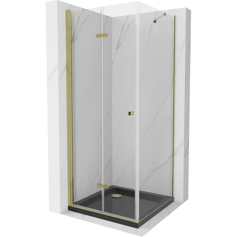 Mexen Lima folding shower cabin 90 x 90 cm, transparent, gold + Flat black shower tray - 856-090-090-50-00-4070G