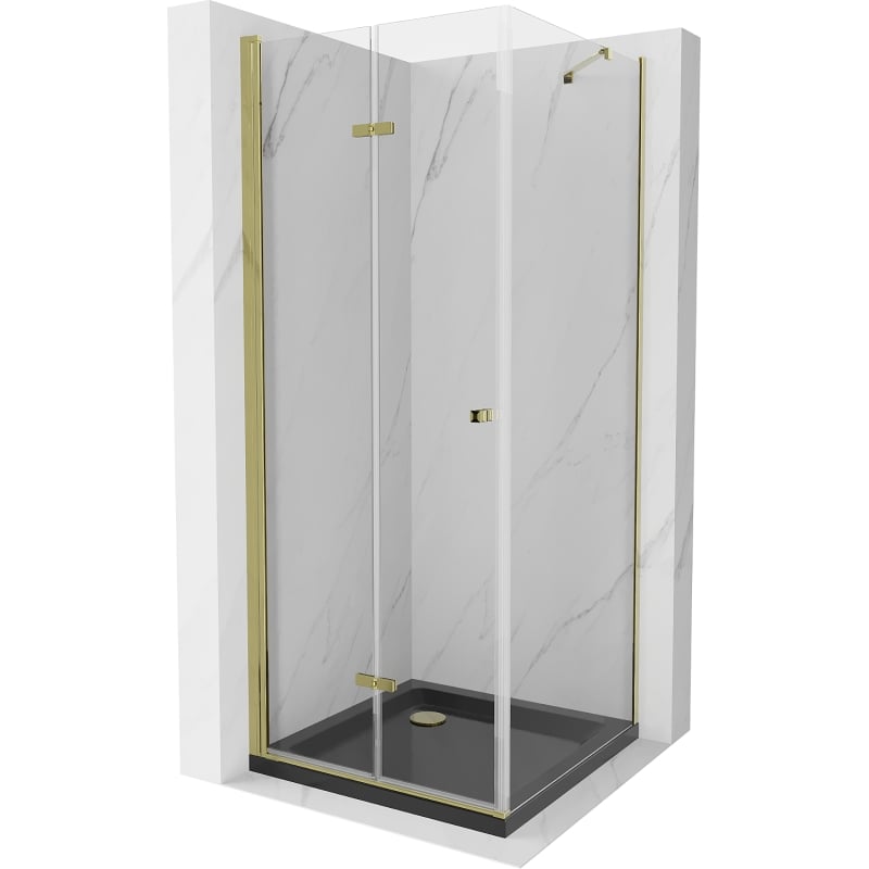 Mexen Lima prekrižena tuš kabina 90 x 90 cm, prozirna, zlatna + Flat tuš kada, crna - 856-090-090-50-00-4070G