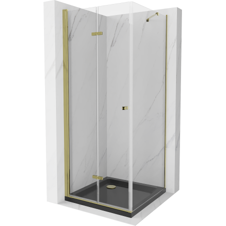Mexen Lima cabine de douche pliante 90 x 90 cm, transparent, doré + receveur Flat, noir - 856-090-090-50-00-4070G