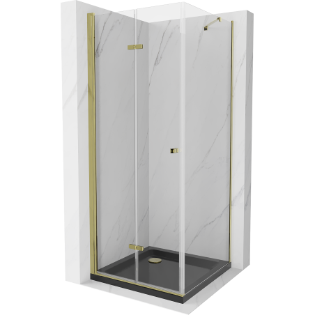 Mexen Lima folding shower cabin 90 x 90 cm, transparent, gold + Flat black shower tray - 856-090-090-50-00-4070G