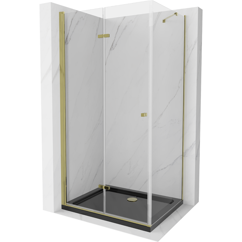 Mexen Lima faltbare Duschkabine 90 x 100 cm, transparent, gold + Flat Duschwanne, schwarz - 856-090-100-50-00-4070G