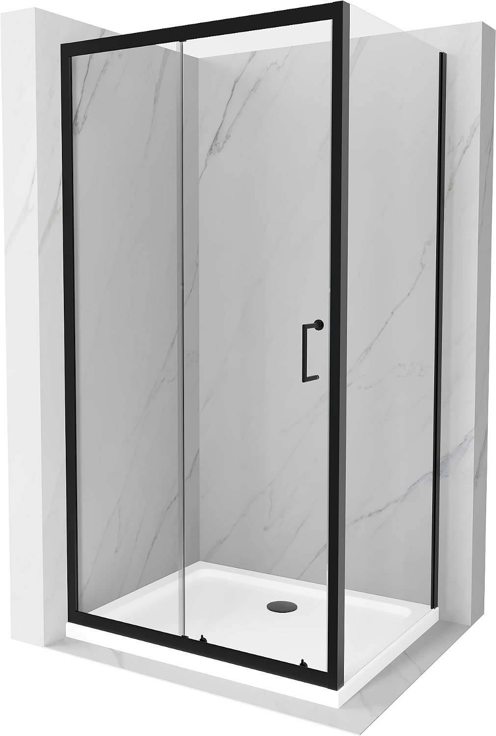 Mexen Apia kabina prysznicowa rozsuwana 140 x 100 cm, transparent, czarna + brodzik Flat, biały- 840-140-100-70-00-4010B