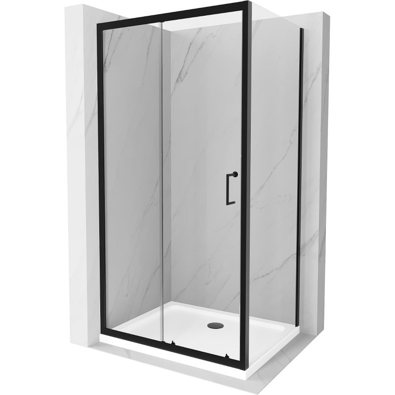 Mexen Apia kabina prysznicowa rozsuwana 140 x 70 cm, transparent, czarna + brodzik Flat, biały- 840-140-070-70-00-4010B