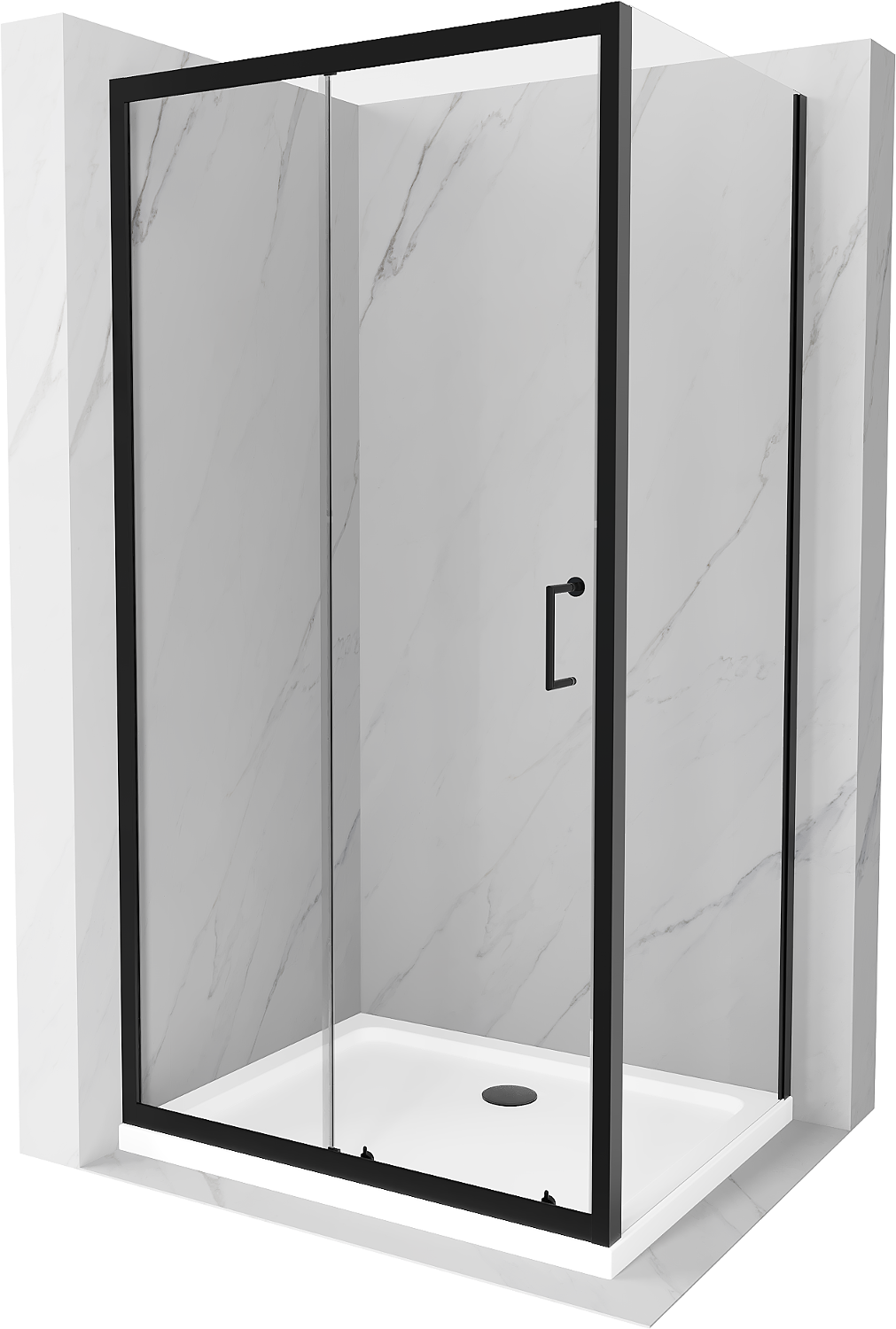 Mexen Apia kabina prysznicowa rozsuwana 90 x 100 cm, transparent, czarna + brodzik Flat, biały- 840-090-100-70-00-4010B