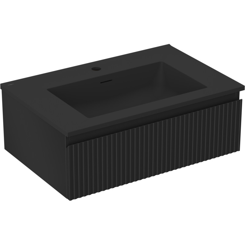 Mexen Rivel 70 cm bathroom cabinet with Otis sink, 1 drawer, fluted, black matte - 91A20-07023-1-BF71-W18M71