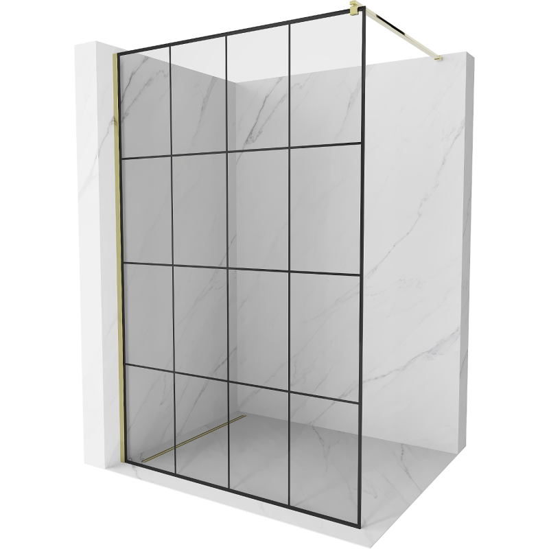 Mexen Kioto Suihkuseinä Walk-in 130 x 200 cm, musta ruudukko 8 mm, kulta - 800-130-101-50-77