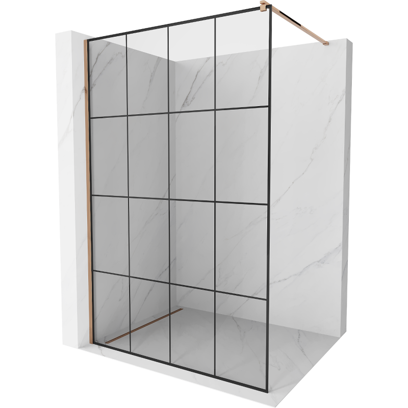 Mexen Kioto ścianka prysznicowa Walk-in 130 x 200 cm, czarna kratka 8 mm, różowe złoto - 800-130-101-60-77