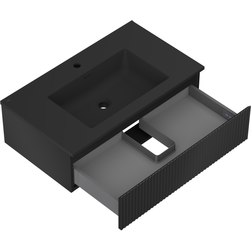 Mexen Rivel Badezimmerschrank 80 cm mit Waschbecken Otis, 1 Schublade, geriffelt, schwarzmatt - 91A20-08023-1-BF71-W18M71