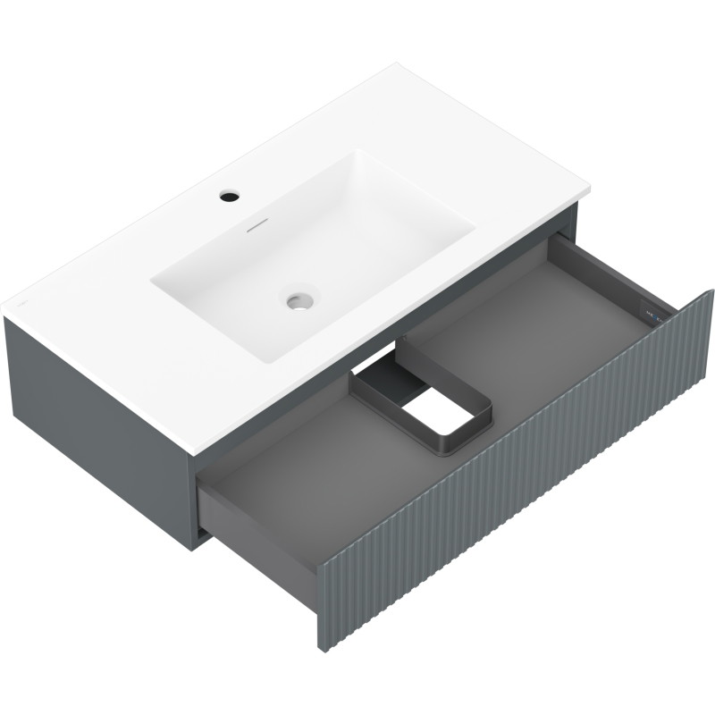 Mexen Rivel szafka łazienkowa 90 cm z umywalką Otis, 1 szuflada, ryflowana , grafit mat/biała mat - 91A20-09023-1-BF66-W18M01