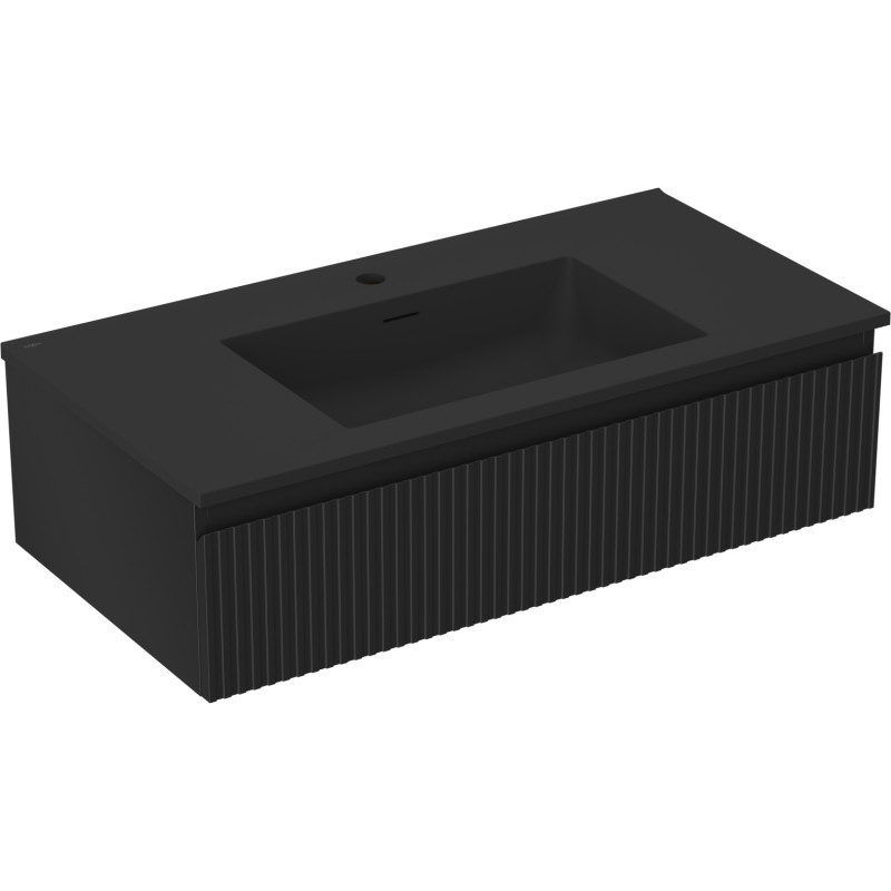 Mexen Rivel badkamerkast 90 cm met wastafel Otis, 1 lade, geribbeld, zwart mat - 91A20-09023-1-BF71-W18M71