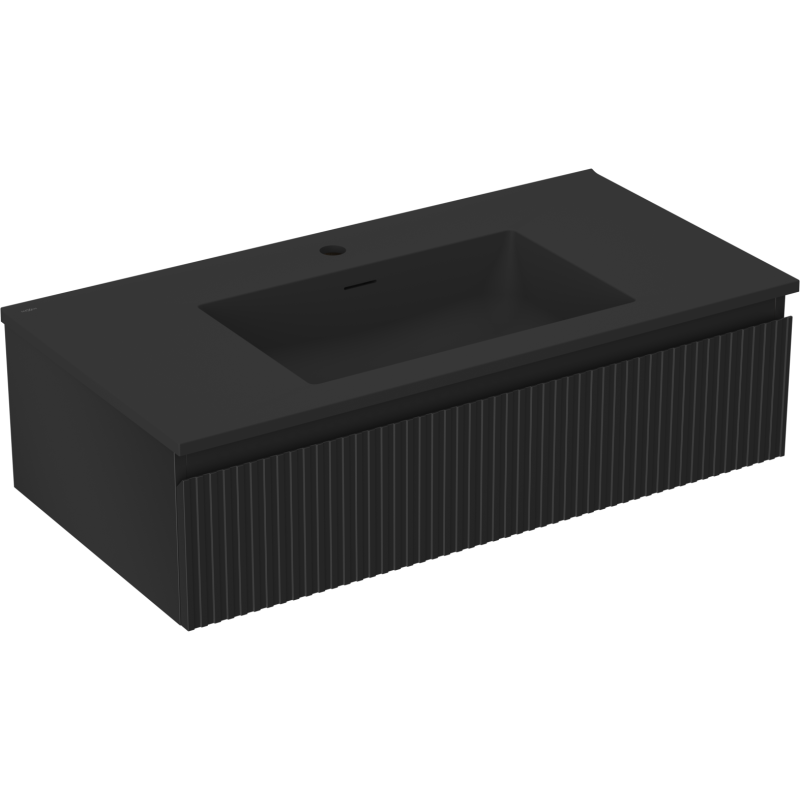 Mexen Rivel Badschrank 90 cm mit Waschbecken Otis, 1 Schublade, geriffelt, schwarz matt - 91A20-09023-1-BF71-W18M71