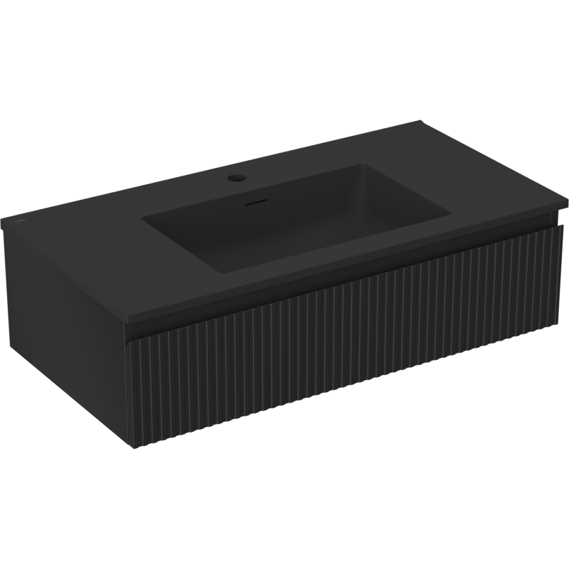 Mexen Rivel meuble de salle de bain 90 cm avec lavabo Otis, 1 tiroir, rainuré, noir mat - 91A20-09023-1-BF71-W18M71