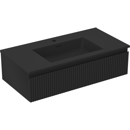 Mexen Rivel Badschrank 90 cm mit Waschbecken Otis, 1 Schublade, geriffelt, schwarz matt - 91A20-09023-1-BF71-W18M71