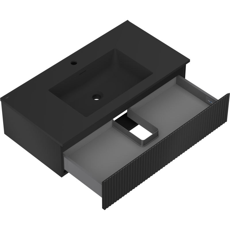 Mexen Rivel Badezimmerschrank 90 cm mit Waschbecken Otis, 1 Schublade, gerippt, schwarz matt - 91A20-09023-1-BF71-W18M71