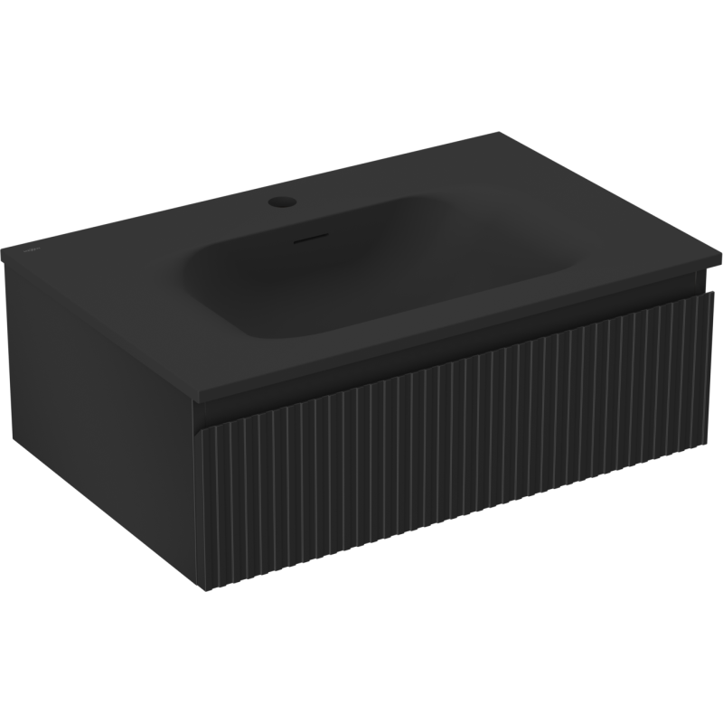 Mexen Rivel Badezimmerschrank 70 cm mit Waschbecken Vela, 1 Schublade, gerillt, schwarz matt - 91A20-07023-1-BF71-W23M71