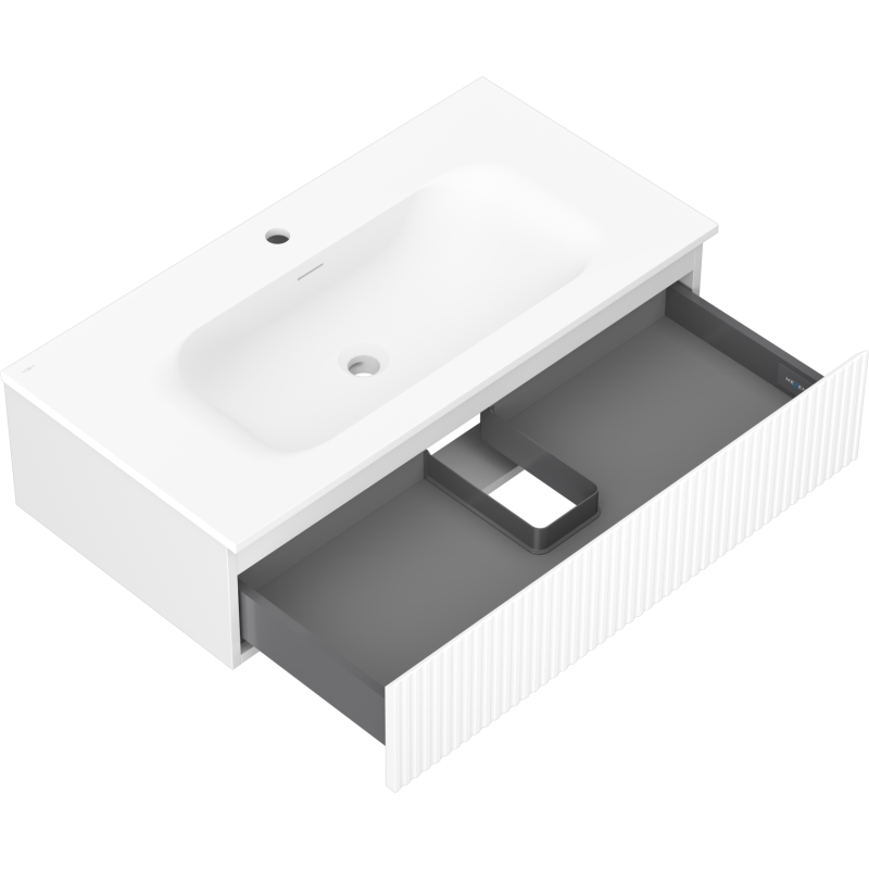 Mexen Rivel Badezimmerunterschrank 90 cm mit Waschbecken Vela, 1 Schublade, geriffelt, weiß matt - 91A20-09023-1-BF01-W23M01