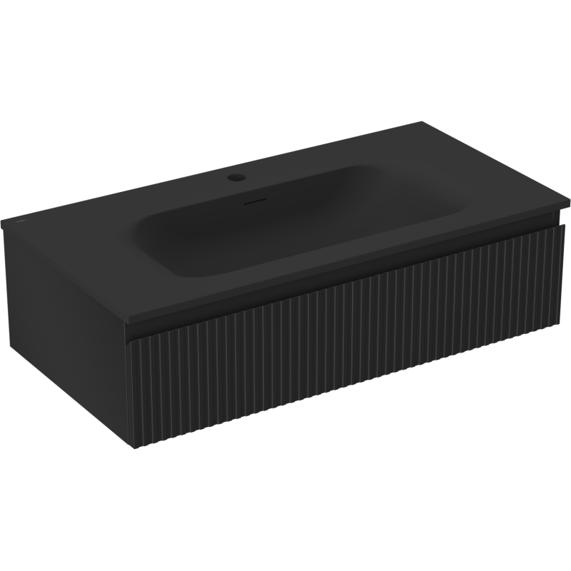 Mexen Rivel meuble de salle de bains 90 cm avec lavabo Vela, 1 tiroir, rainuré, noir mat - 91A20-09023-1-BF71-W23M71