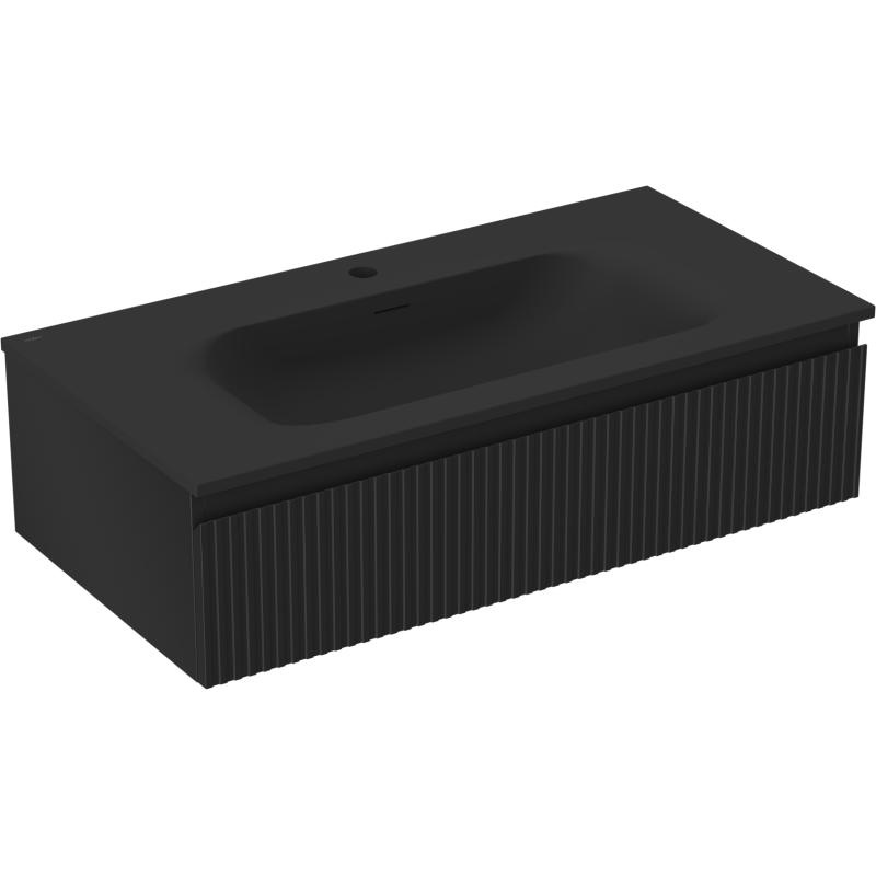Mexen Rivel mueble de baño de 90 cm con lavabo Vela, 1 cajón, ranurado, negro mate - 91A20-09023-1-BF71-W23M71