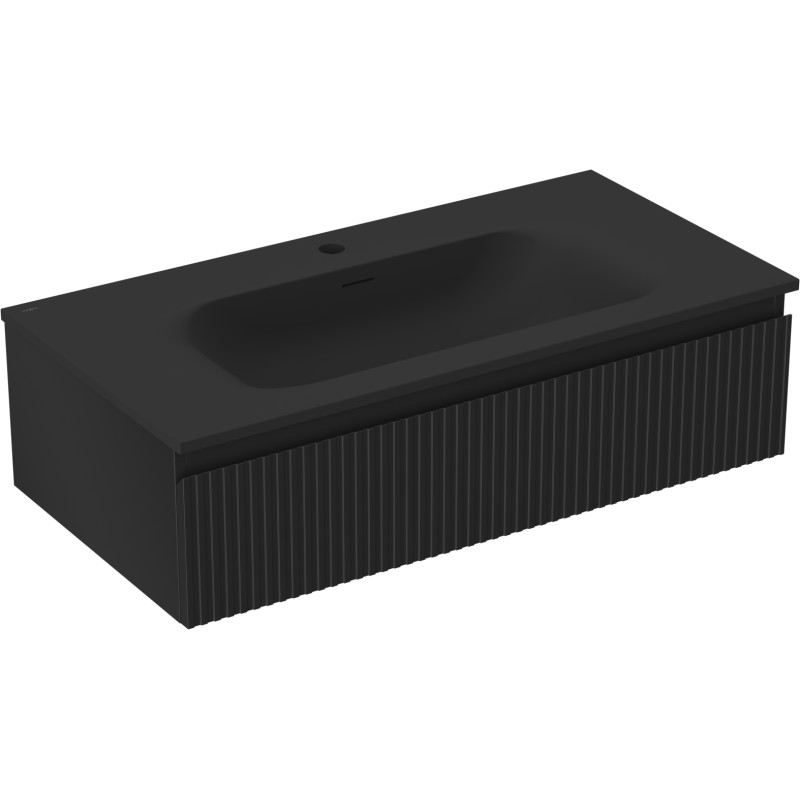 Mexen Rivel szafka łazienkowa 90 cm z umywalką Vela, 1 szuflada, ryflowana , czarna mat - 91A20-09023-1-BF71-W23M71