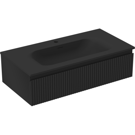 Mexen Rivel Badezimmerschrank 90 cm mit Waschbecken Vela, 1 Schublade, geriffelt, schwarz matt - 91A20-09023-1-BF71-W23M71