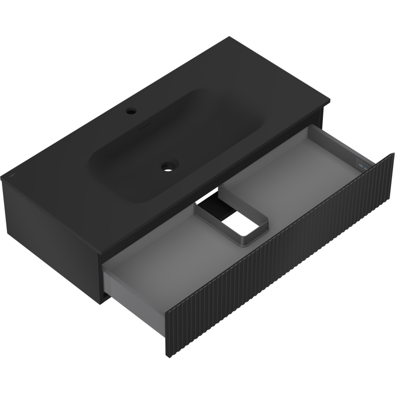 Mexen Rivel gabinete de baño de 100 cm con lavabo Vela, 1 cajón, acanalado, negro mate - 91A20-10023-1-BF71-W23M71