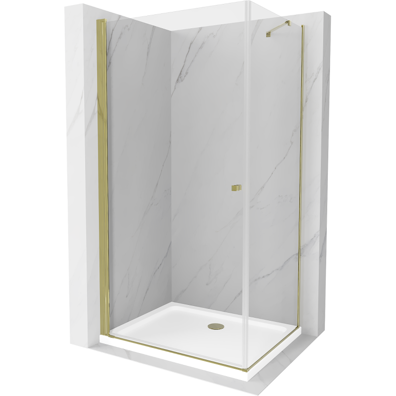 Mexen Pretoria kabina prysznicowa uchylna 90 x 70 cm, transparent, złota + brodzik Flat - 852-090-070-50-00-4010