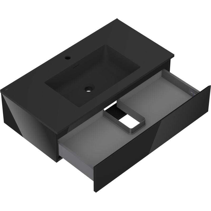 Mexen Orio 90 cm Bathroom Cabinet with Otis Sink, 1 Drawer, Black Gloss/Matte Black - 91A10-09023-1-BF70-W18M71