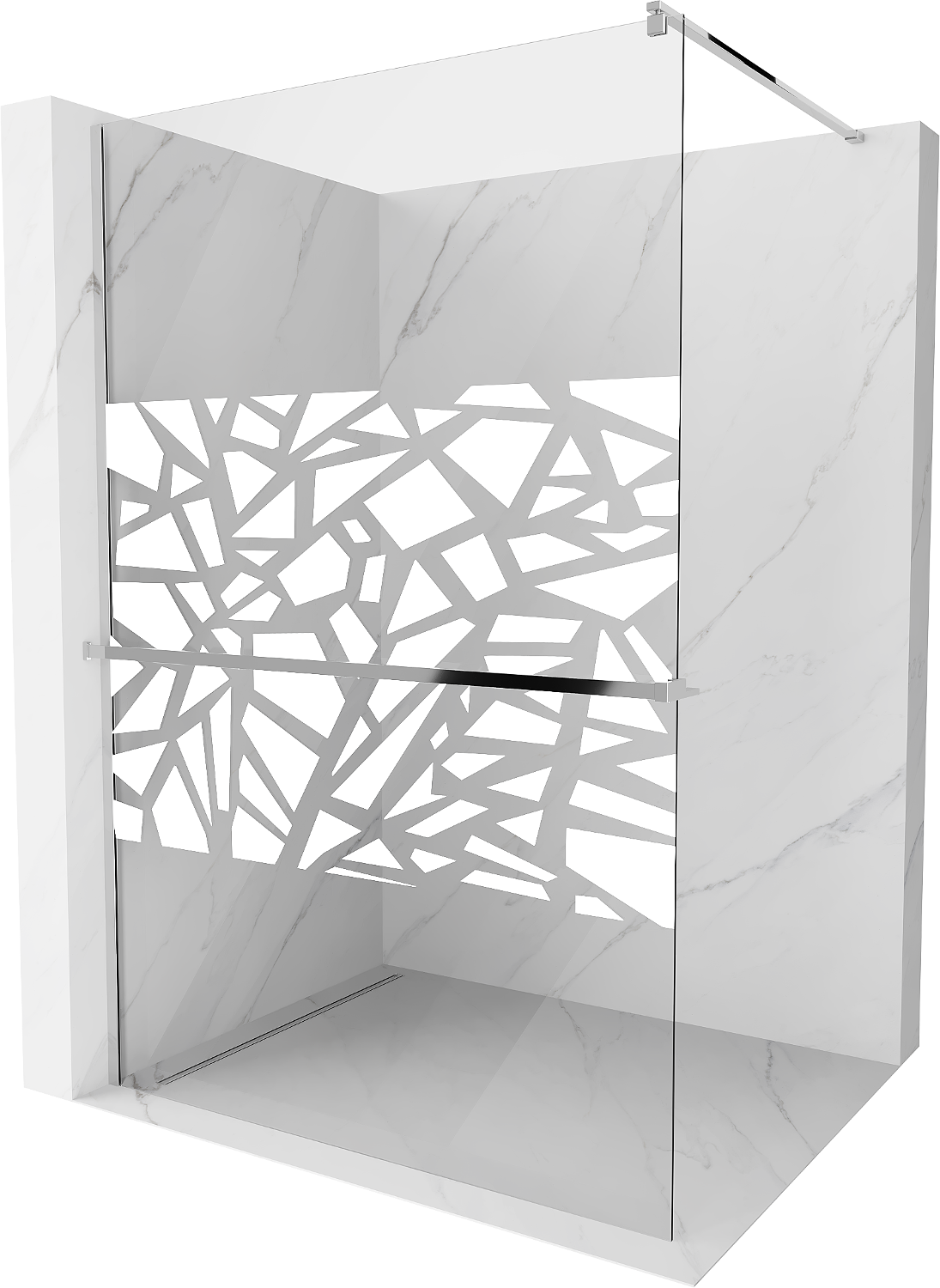 Mexen Kioto+ ścianka prysznicowa z półką Walk-in 130 x 200 cm, biały wzór, chrom - 800-130-121-01-85