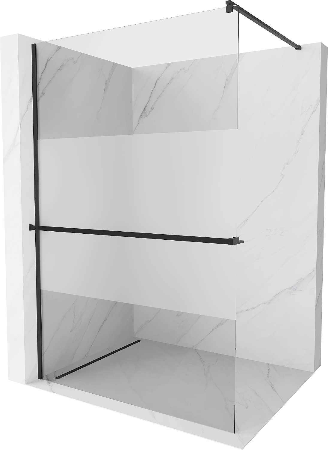 Mexen Kioto+ ścianka prysznicowa z półką Walk-in 100 x 200 cm, transparent/szron, czarna - 800-100-121-70-35