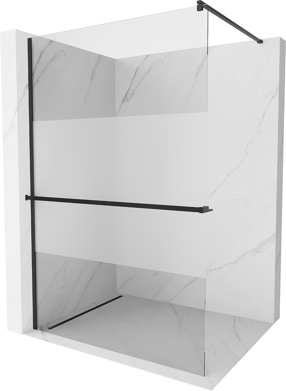 Mexen Kioto+ ścianka prysznicowa z półką Walk-in 110 x 200 cm, transparent/szron, czarna - 800-110-121-70-35