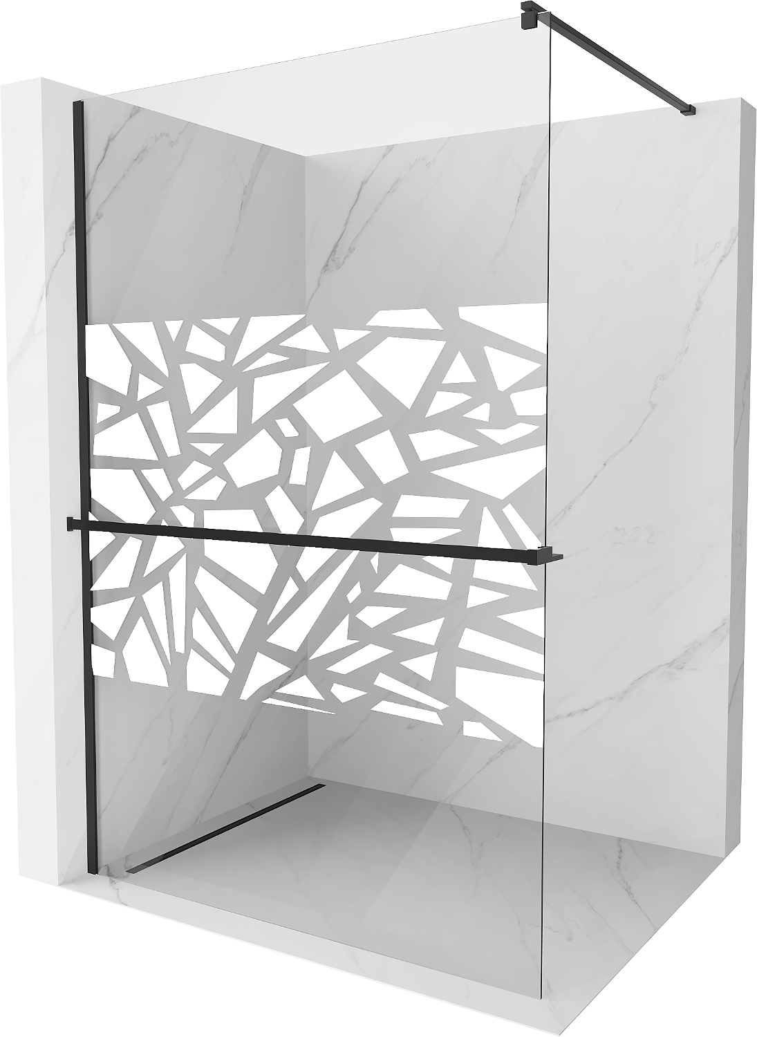 Mexen Kioto+ ścianka prysznicowa z półką Walk-in 130 x 200 cm, biały wzór, czarna - 800-130-121-70-85