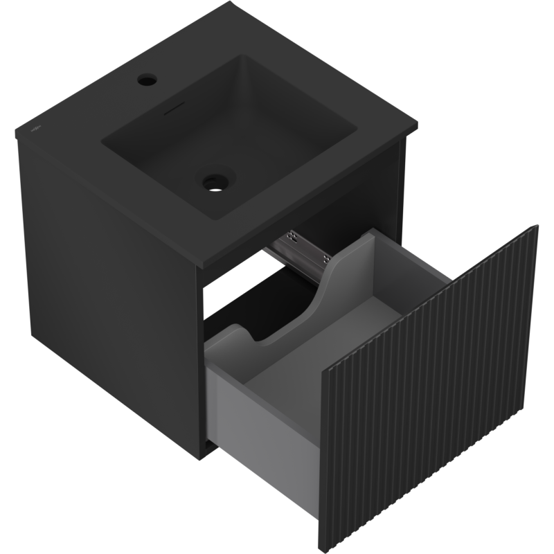 Mexen Rivel Badezimmerschrank 50 cm mit Waschbecken Otis, 1 Schublade, geriffelt, schwarz matt - 91A20-05047-1-BF71-W18M71