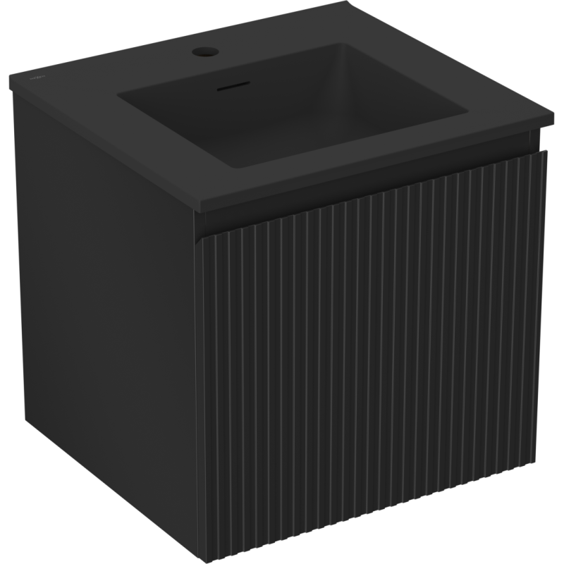 Mexen Rivel Badezimmerschrank 50 cm mit Waschbecken Otis, 1 Schublade, geriffelt, schwarz matt - 91A20-05047-1-BF71-W18M71