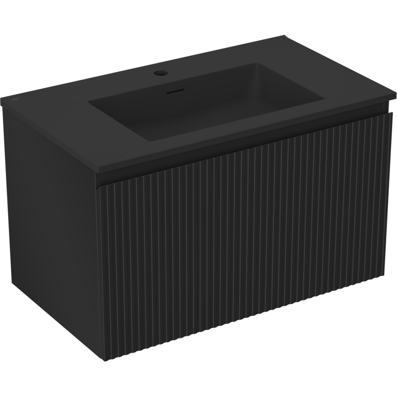 Mexen Rivel Badezimmerschrank 80 cm mit Waschbecken Otis, 1 Schublade, geriffelt, schwarz matt - 91A20-08047-1-BF71-W18M71