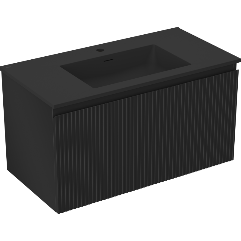Mexen Rivel Badezimmerschrank 90 cm mit Waschbecken Otis, 1 Schublade, geriffelt, schwarz matt - 91A20-09047-1-BF71-W18M71