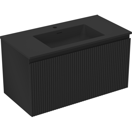 Mexen Rivel Badezimmerschrank 90 cm mit Waschbecken Otis, 1 Schublade, geriffelt, schwarz matt - 91A20-09047-1-BF71-W18M71