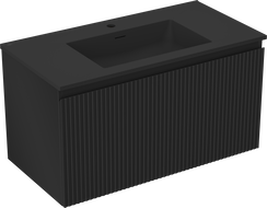 Mexen Rivel Badezimmerschrank 90 cm mit Waschbecken Otis, 1 Schublade, gerillt, schwarz matt - 91A20-09047-1-BF71-W18M71