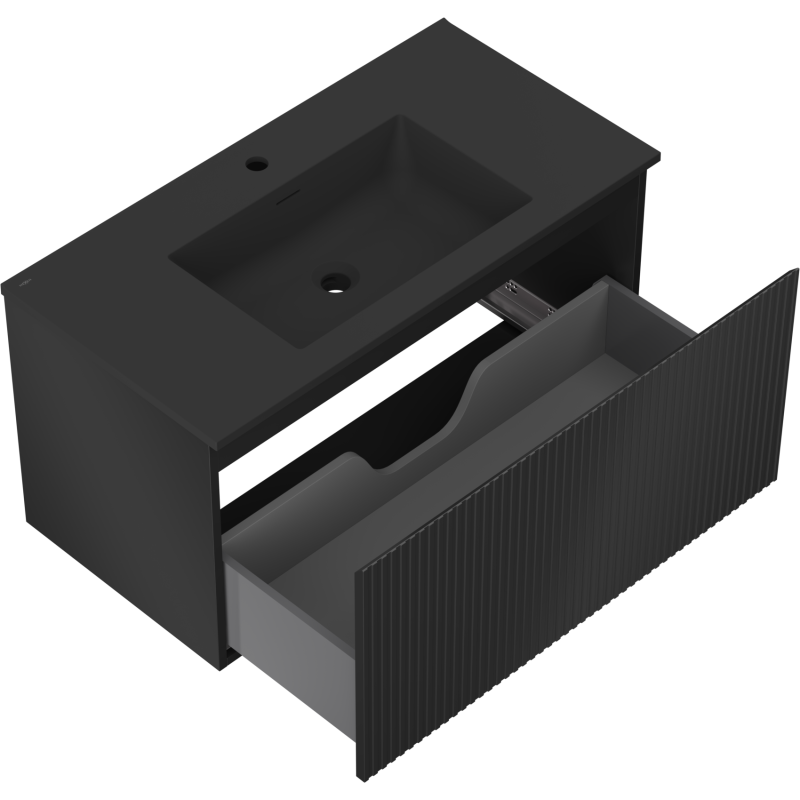 Mexen Rivel Badezimmerschrank 90 cm mit Waschbecken Otis, 1 Schublade, gerillt, schwarz matt - 91A20-09047-1-BF71-W18M71