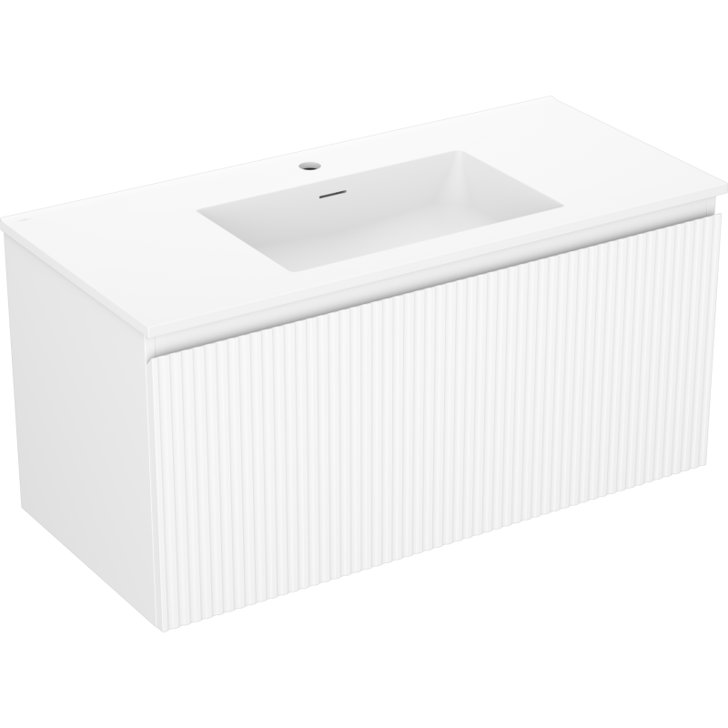 Mexen Rivel Badezimmerschrank 100 cm mit Waschbecken Otis, 1 Schublade, geriffelt, weiß matt - 91A20-10047-1-BF01-W18M01