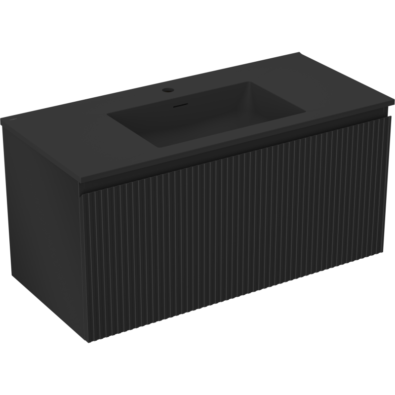 Mexen Rivel 100 cm Bathroom Cabinet with Otis Sink, 1 Drawer, Fluted, Black Matte - 91A20-10047-1-BF71-W18M71