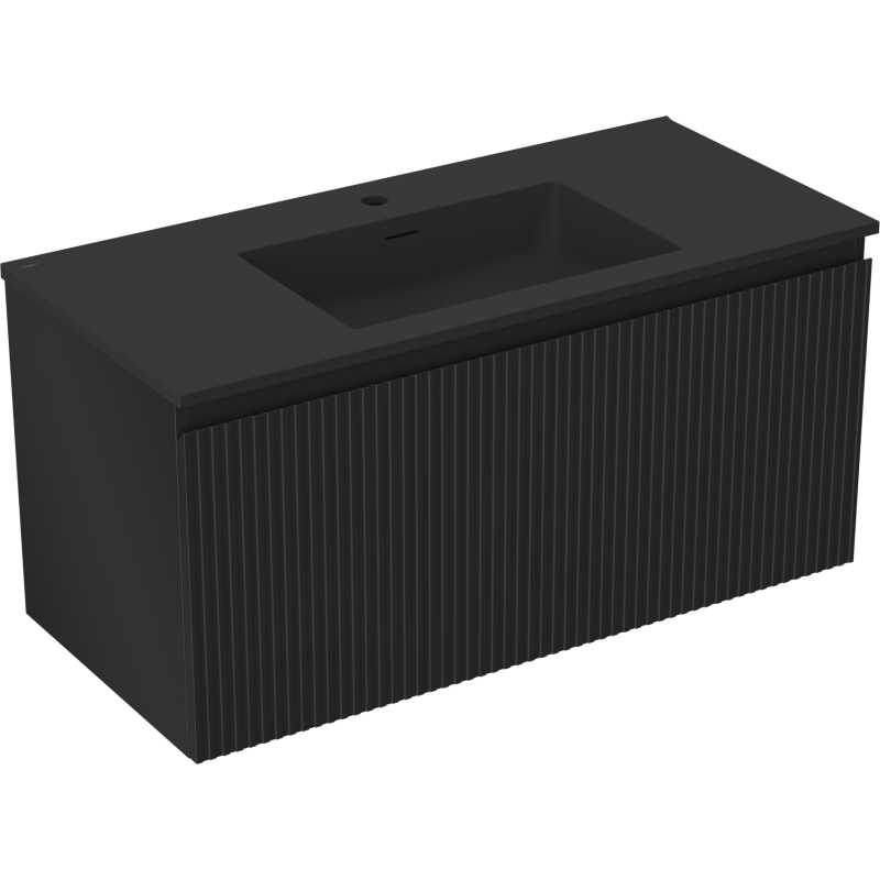 Mexen Rivel Badezimmerschrank 100 cm mit Waschbecken Otis, 1 Schublade, geriffelt, schwarz matt - 91A20-10047-1-BF71-W18M71