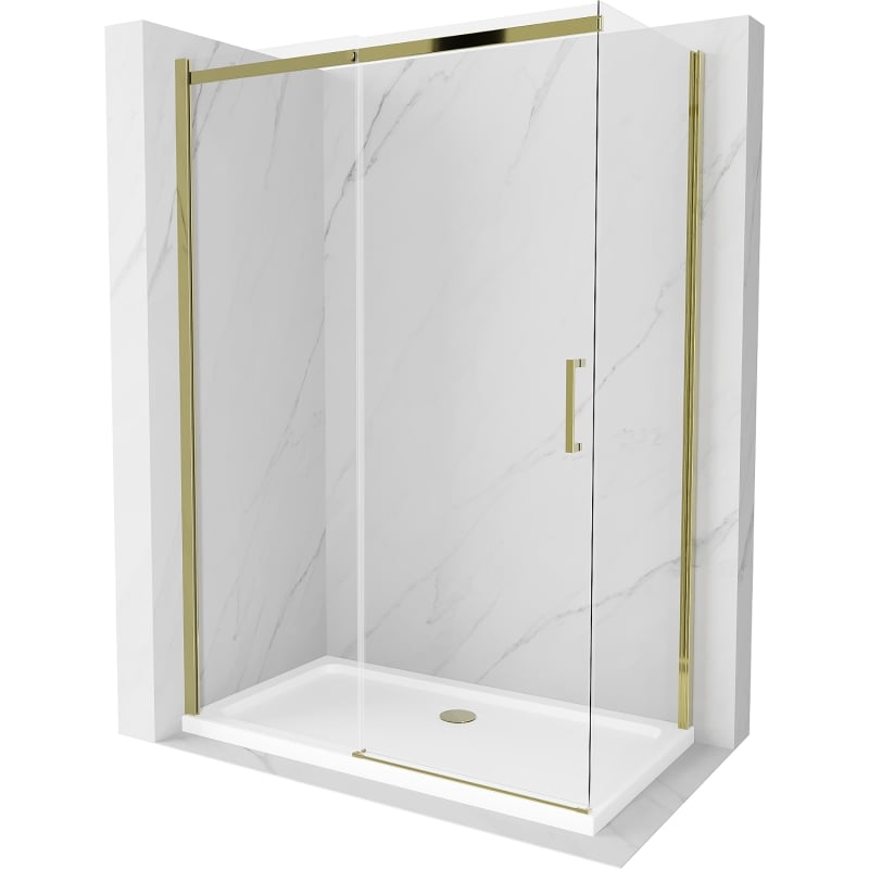 Mexen Omega klizna kabina s kliznim vratima 140 x 70 cm, prozirna, zlatna + Flat tuš kada - 825-140-070-50-00-4010