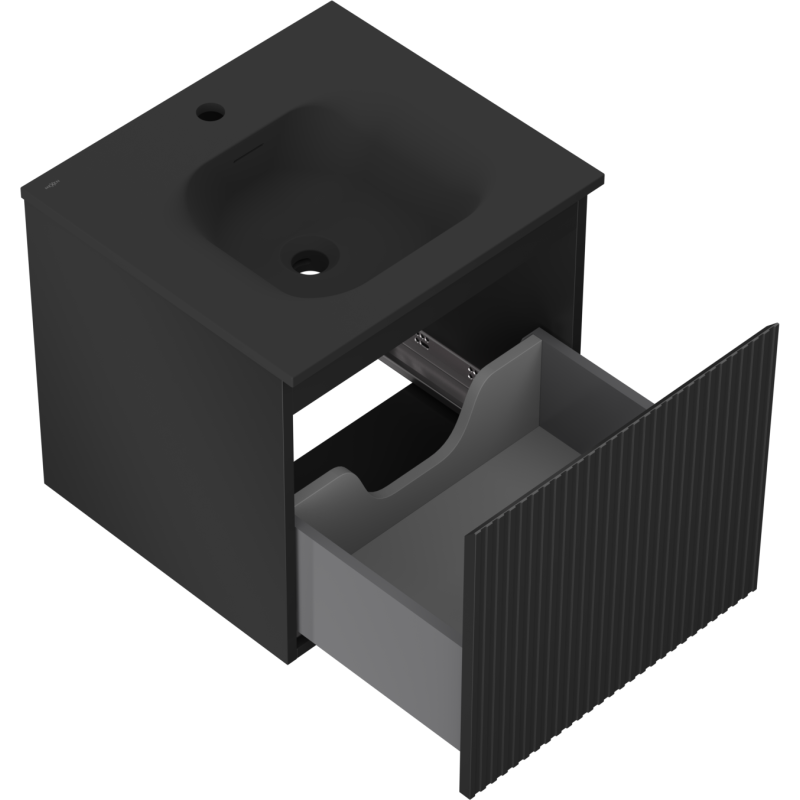 Mexen Rivel badrumsskåp 50 cm med tvättställ Vela, 1 låda, räfflad, svart matt - 91A20-05047-1-BF71-W23M71