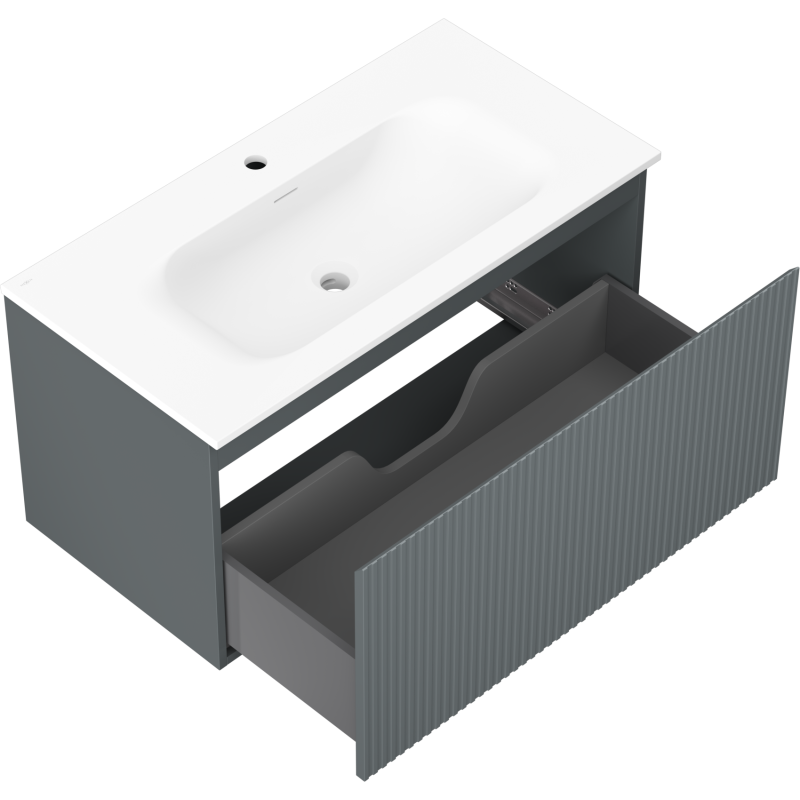 Mexen Rivel armário de casa de banho de 90 cm com lavatório Vela, 1 gaveta, canelada, grafite mate/branco mate