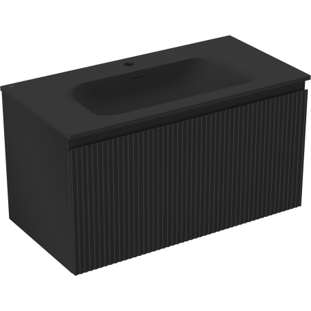 Mexen Rivel Badezimmer-Schrank 90 cm mit Waschbecken Vela, 1 Schublade, gerillt, schwarz matt - 91A20-09047-1-BF71-W23M71