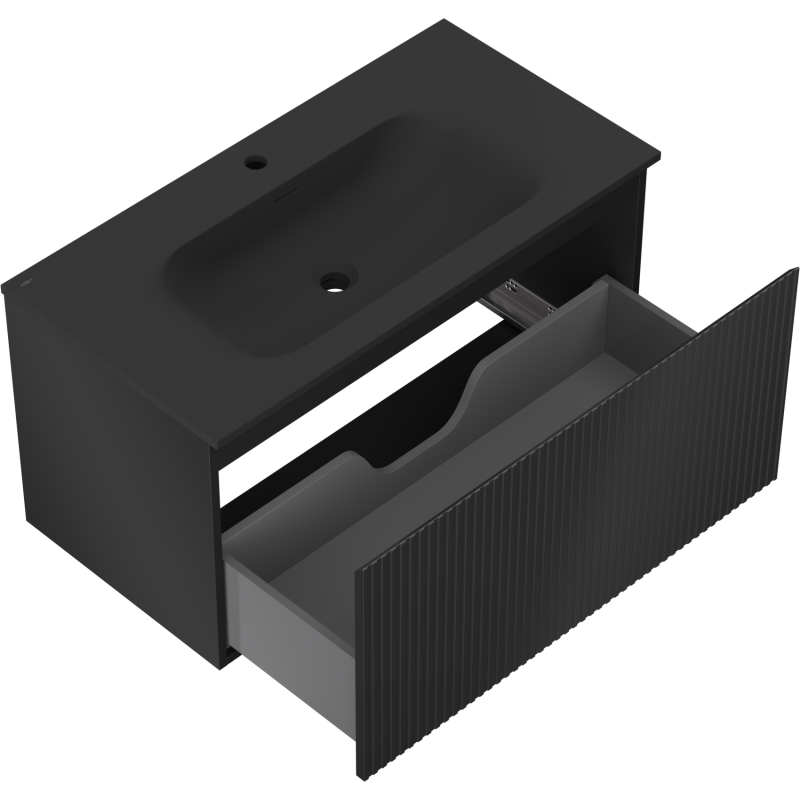Mexen Rivel mobiletto da bagno 90 cm con lavabo Vela, 1 cassetto, scanalato, nero opaco - 91A20-09047-1-BF71-W23M71