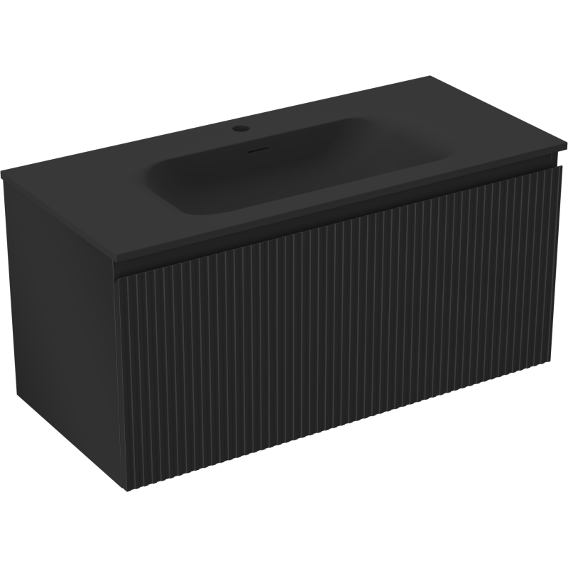 Mexen Rivel Badezimmerschrank 100 cm mit Waschbecken Vela, 1 Schublade, geriffelt, schwarz matt - 91A20-10047-1-BF71-W23M71