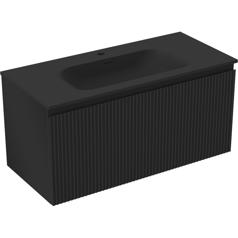 Mexen Rivel gabinete de baño de 100 cm con lavabo Vela, 1 cajón, ranurado, negro mate - 91A20-10047-1-BF71-W23M71